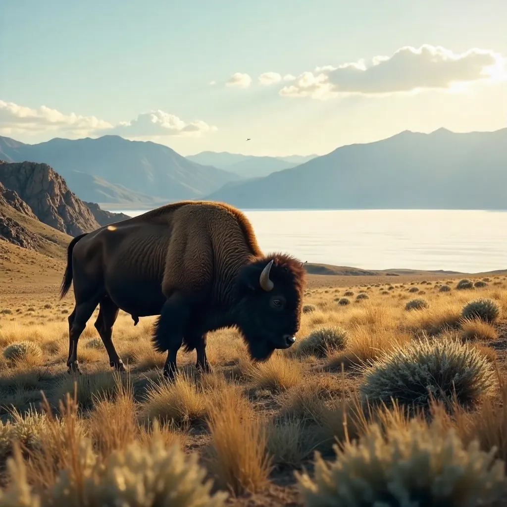 Solitary Bison on Antelope Island, Utah Vista
