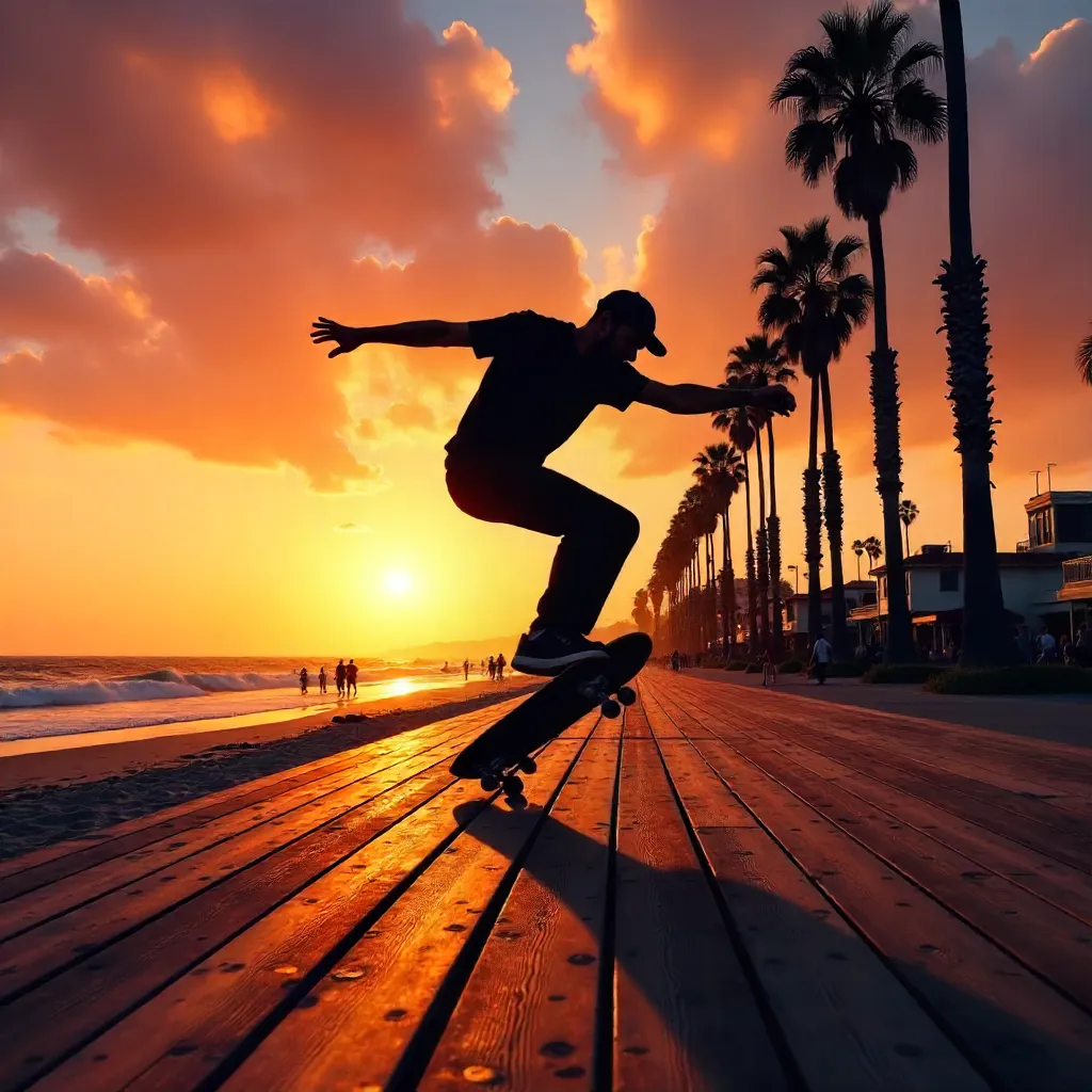 Silhouette Skateboarder at Sunset in Venice Beach