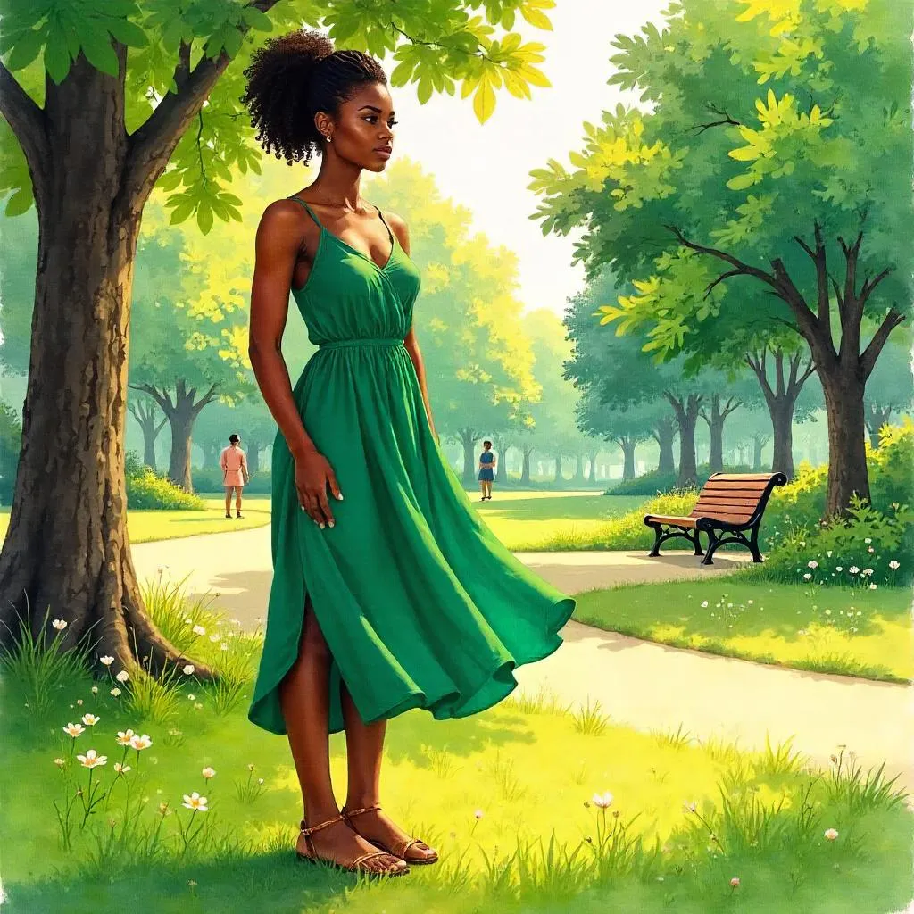 Confident Black Woman in a Park - Watercolor Portrait
