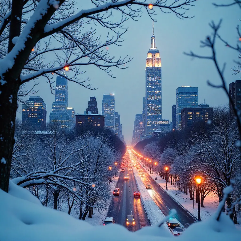 Winter Skyline Over Snowy Trees in Manhattan