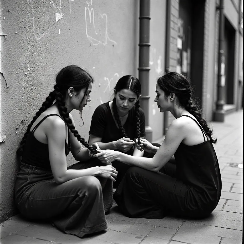 Three Women Braiding Hair by an Urban Wall