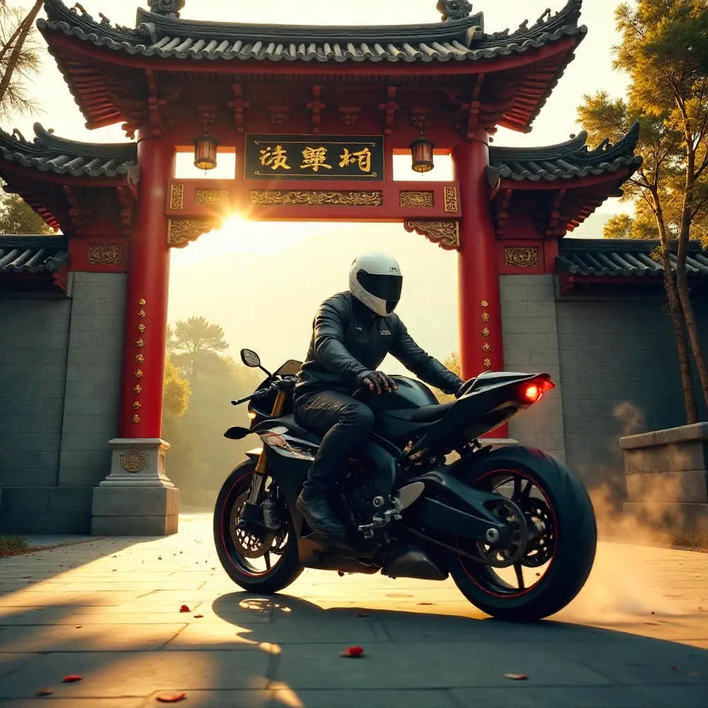 Motorcyclist by the Gilded Temple Gate