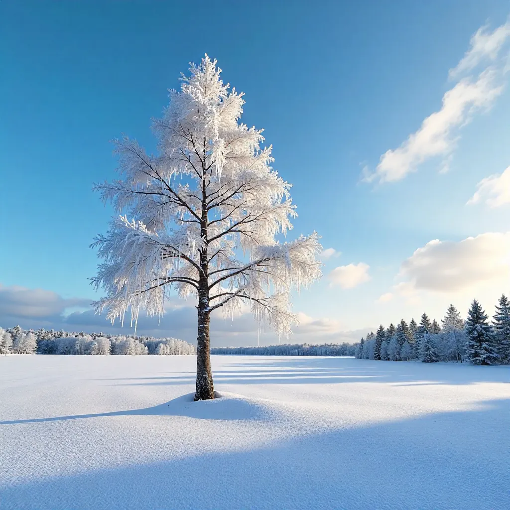 Frost-Kissed Tree Under a Scandinavian Blue Sky