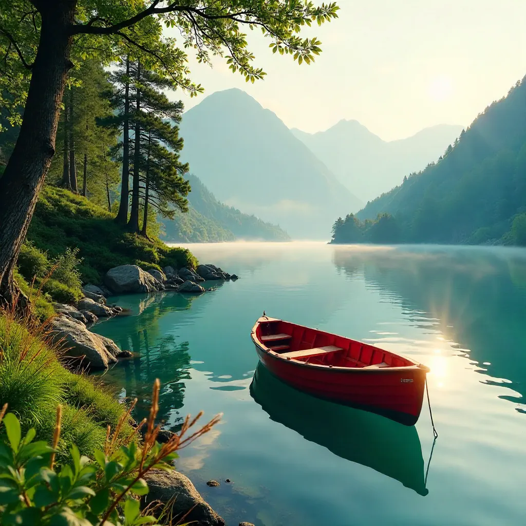 Tranquil Red Rowboat on Lake Bled Framed by Greenery
