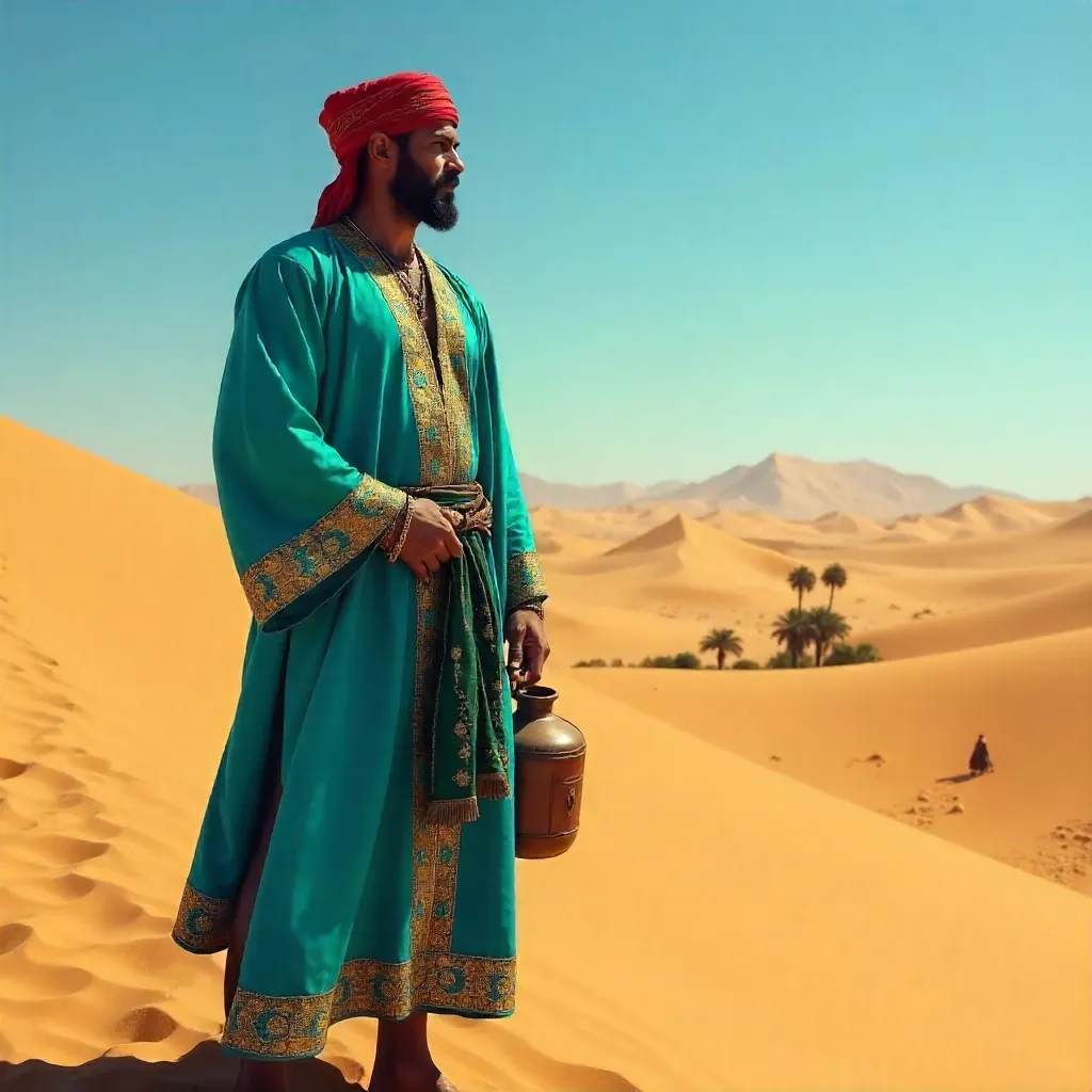Man in Vibrant Moroccan Attire Amid Desert Dunes