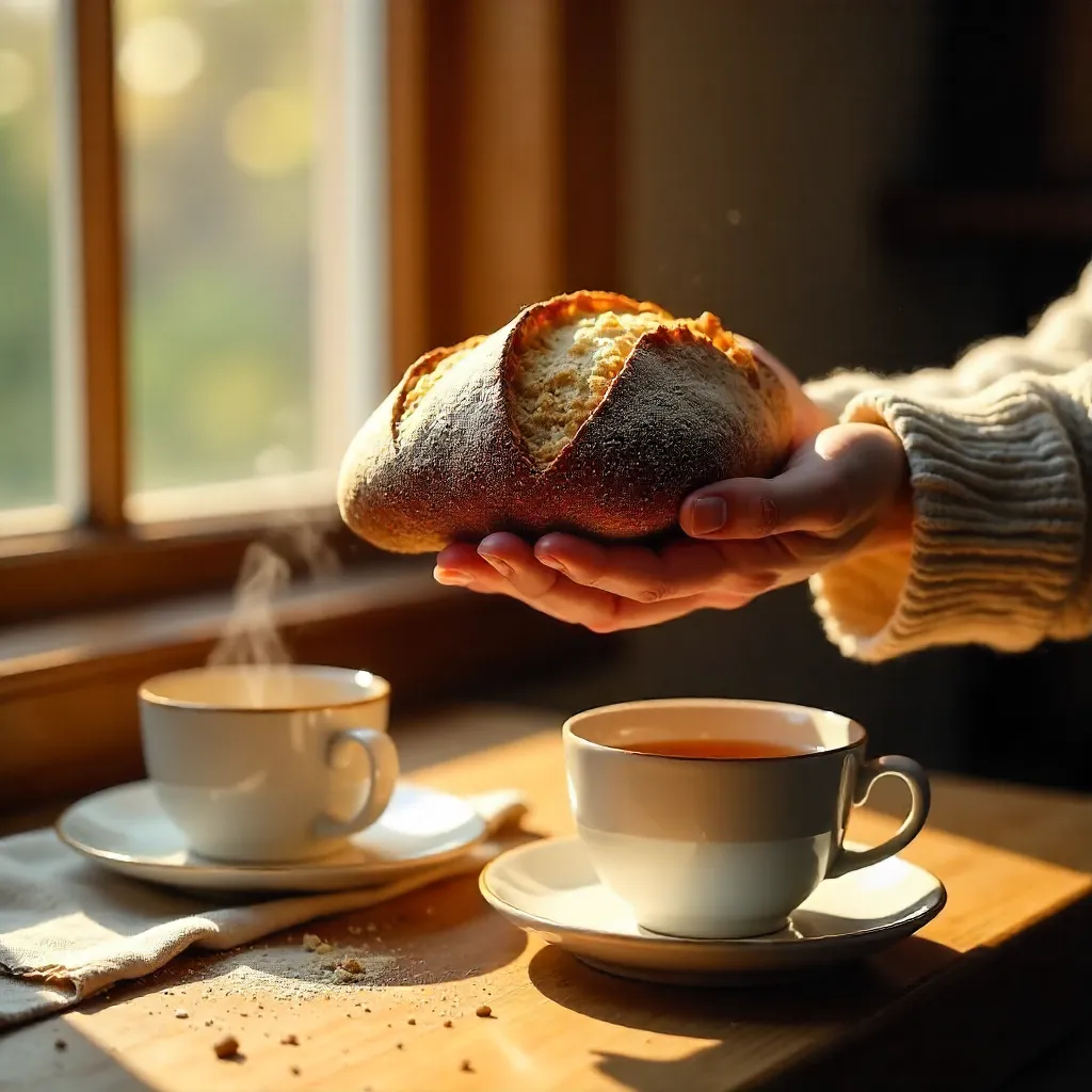 Cozy Hand Holding Artisanal Bread with Tea Cup