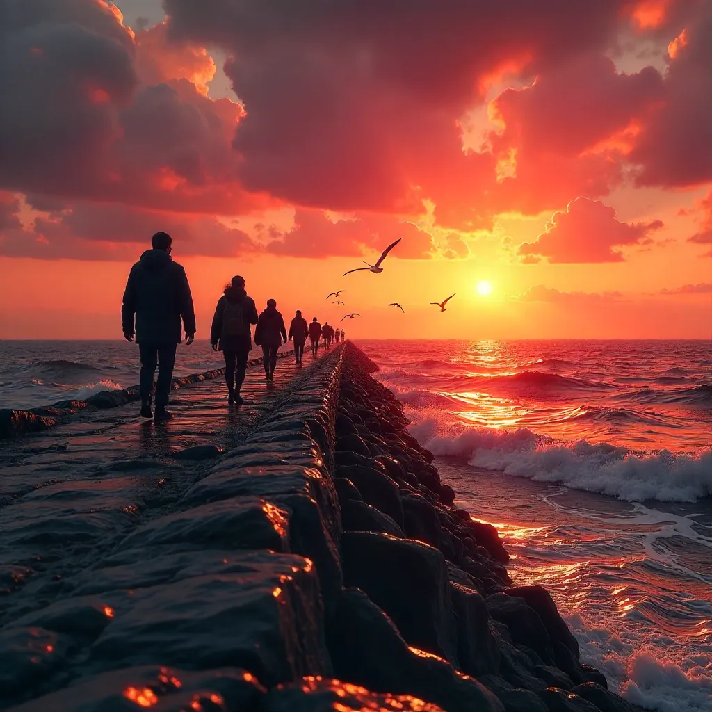Silhouetted Figures on the Sunset Breakwater