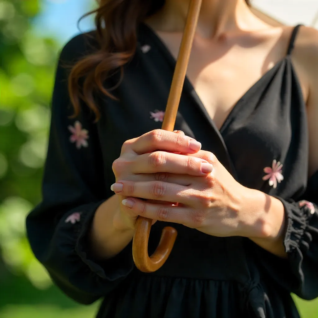 Close-Up of Hands in Black Floral Dress with White Umbrella
