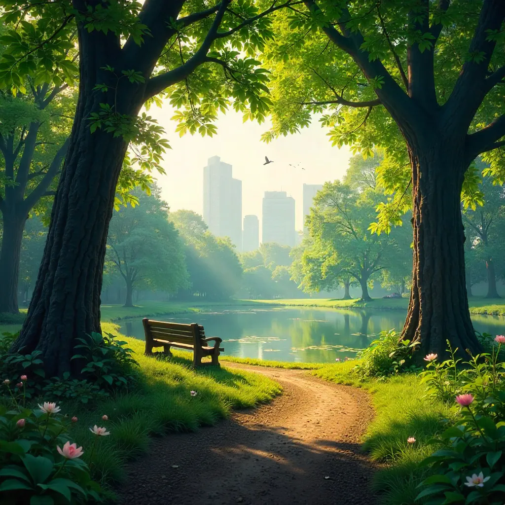 Sunlit Tranquility in a Public Park Forest