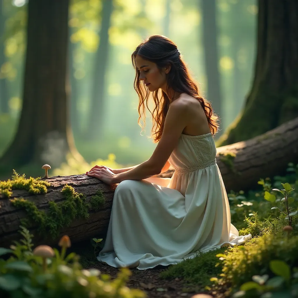 Serene Forest Kneeling Woman in White Dress by a Fallen Log