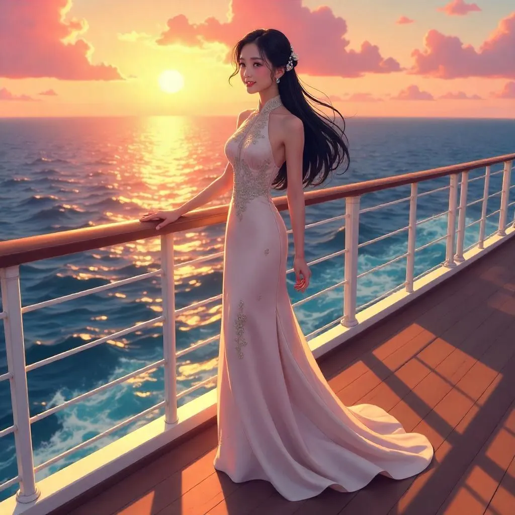 Elegant Asian Woman on a Cruise Ship in Anime Style