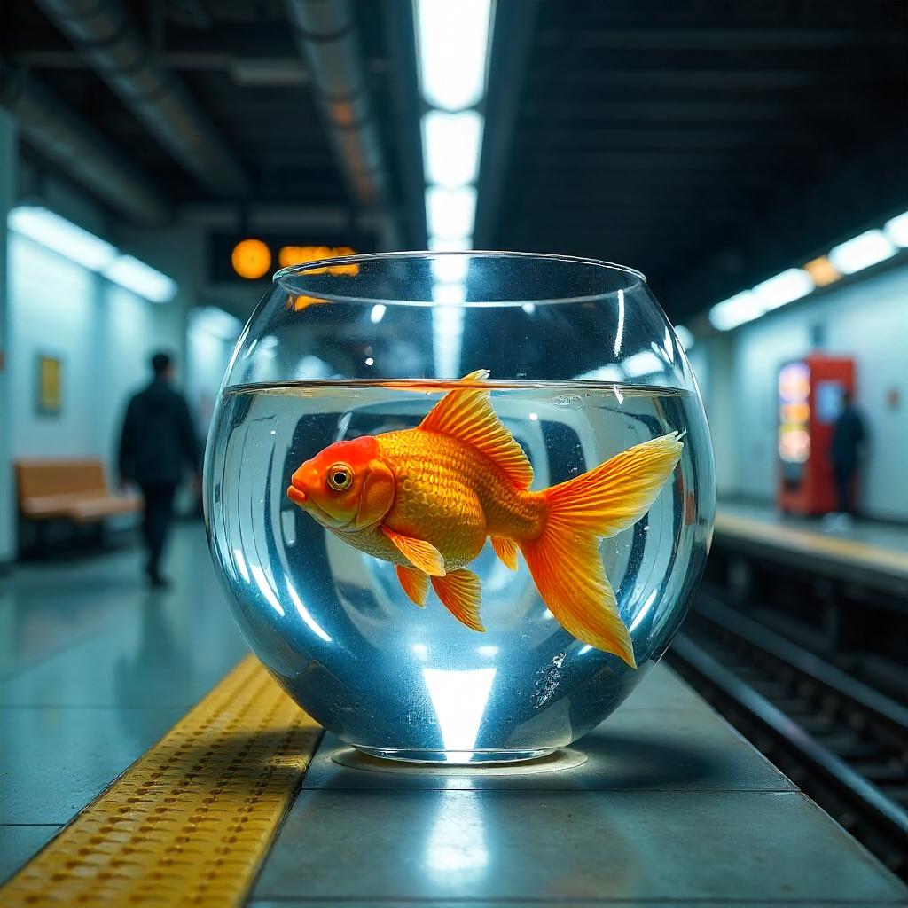 Golden Goldfish 3D Render in a Subway Station