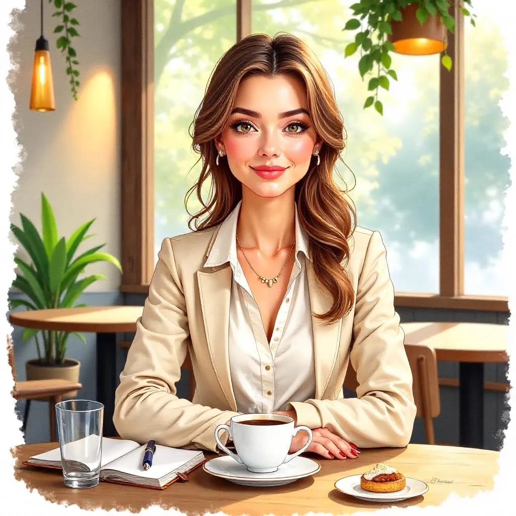 Confident White Woman in a Cozy Café - Watercolor