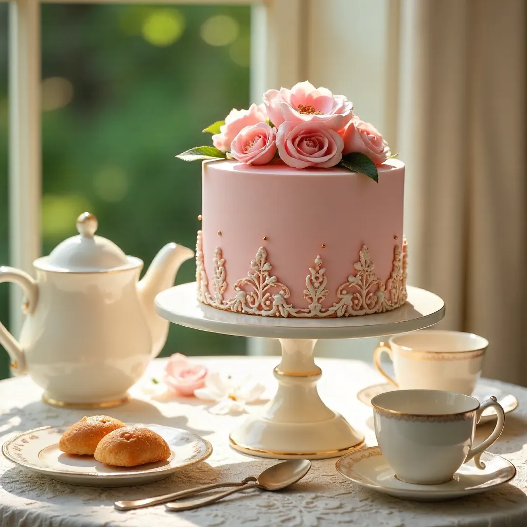 Pink Floral Cake with Elegant Tea Set for Afternoon Tea