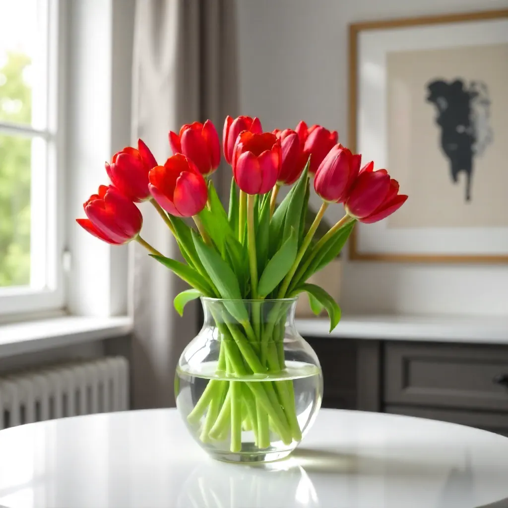 Vibrant Red Tulips on a White Table in Modern Interior
