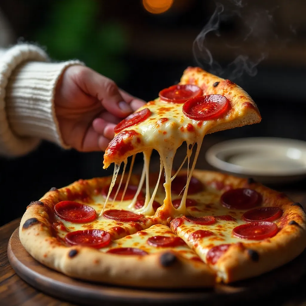 Close-Up Pepperoni Slice: Warm Indoor Hands