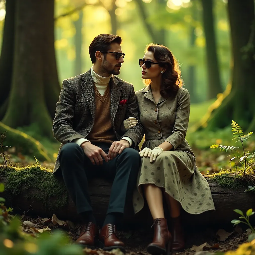 Vintage Forest Romance: Fashionable Couple on Logs