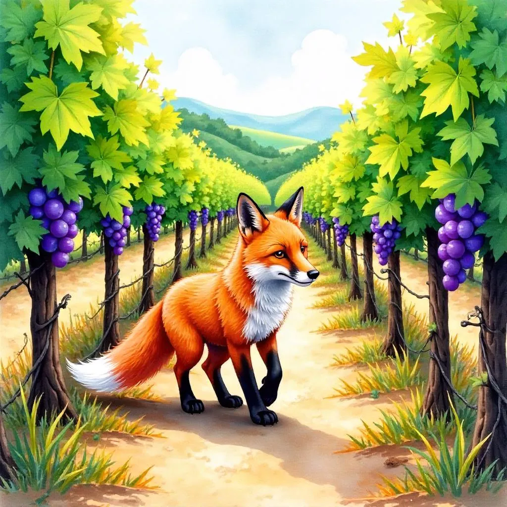 Watercolor Fox in a Sunlit Vineyard