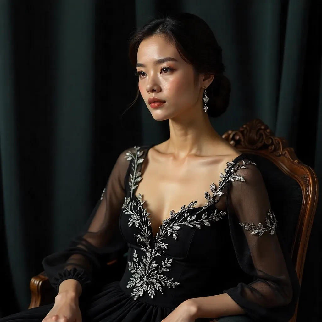 Graceful Portrait in a Black Embroidered Dress