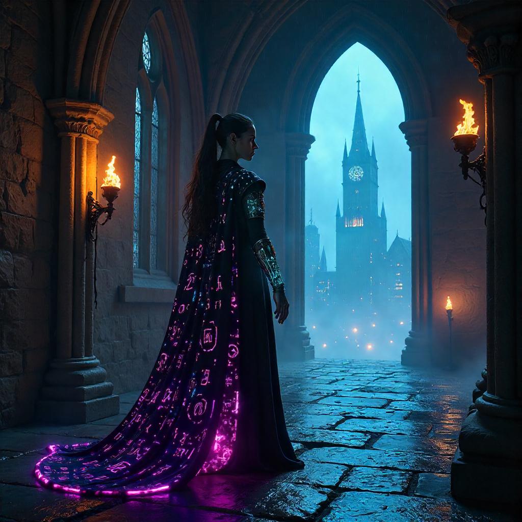 Neon Sorceress in a Medieval Castle