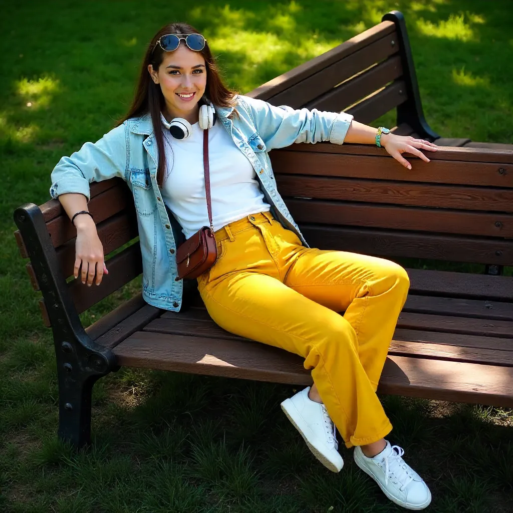 Bird's-eye View: Woman in Yellow Pants on a Park Bench