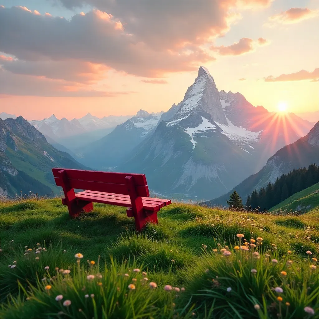 Lonely Red Bench on Tirol Hilltop