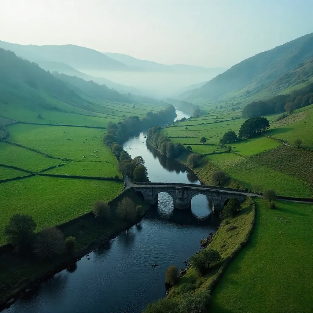 Mist-Shrouded Welsh Valley from the Sky