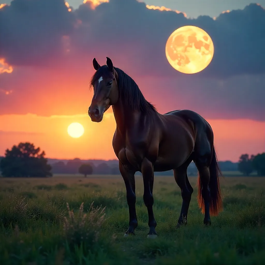 Moonlit Meadow: A Graceful Horse at Sunset and Moon