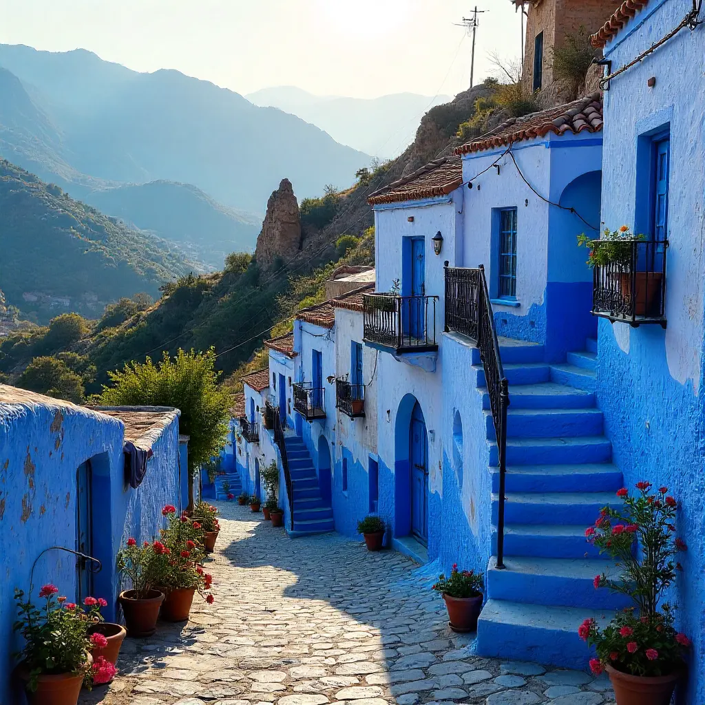 Blue-Washed Chefchaouen Under Mountain Green