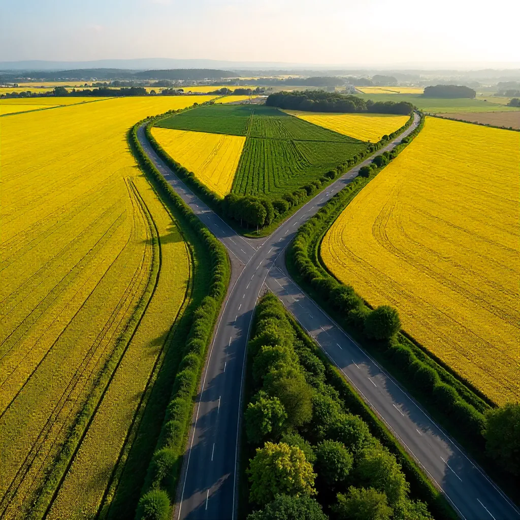 Drone View of Intersecting Roads in Yellow Romanian Fields