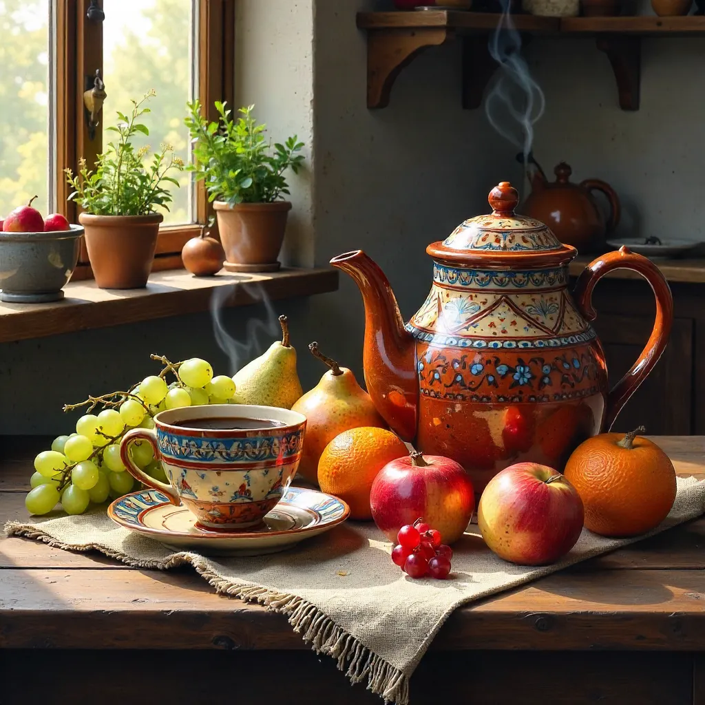 Rustic Still Life: Coffee, Fruits, Patterned Teapot