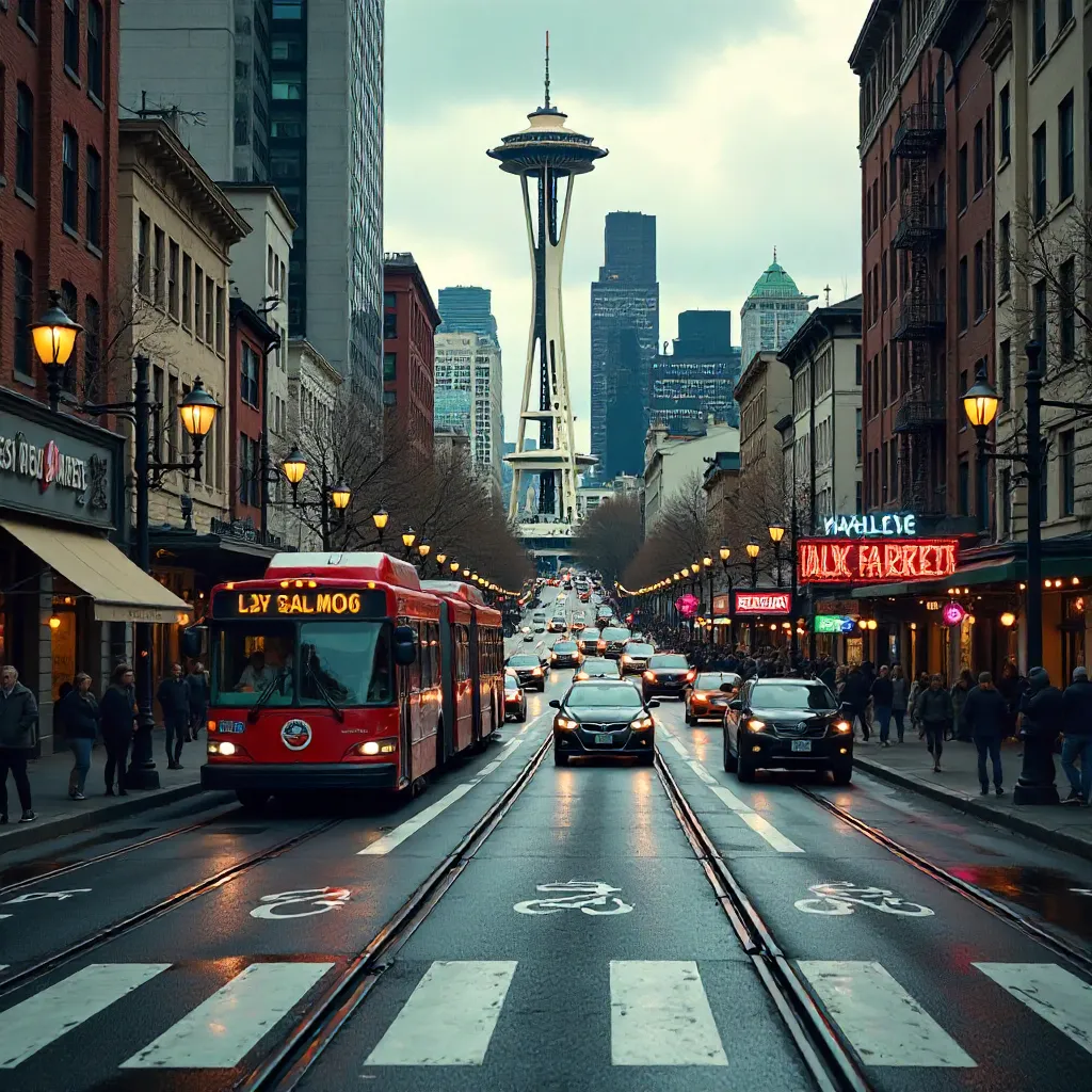 Busy Seattle Street Scene in Daylight