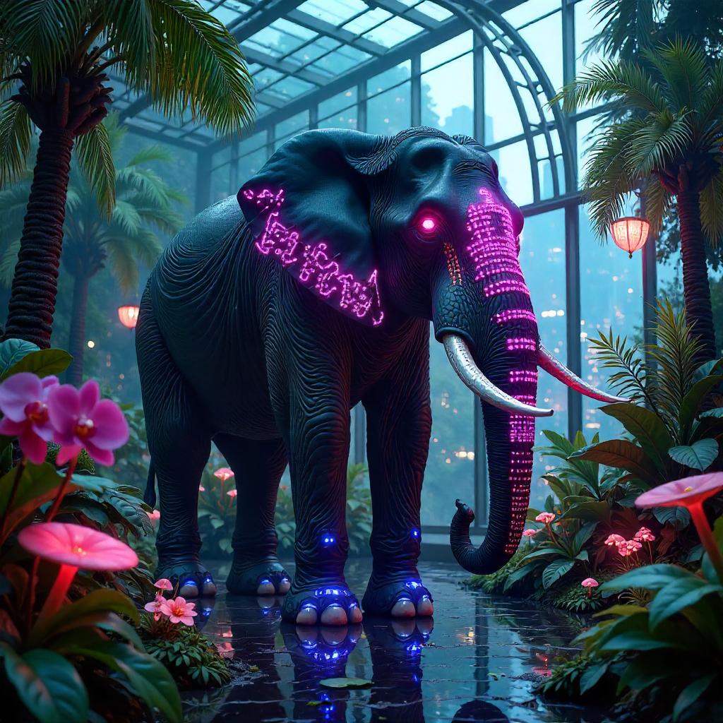 Neon Cyberpunk Elephant in a Botanical Garden