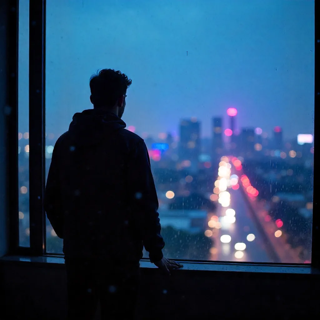 Silhouette Over a Blurred Cityscape at Dusk