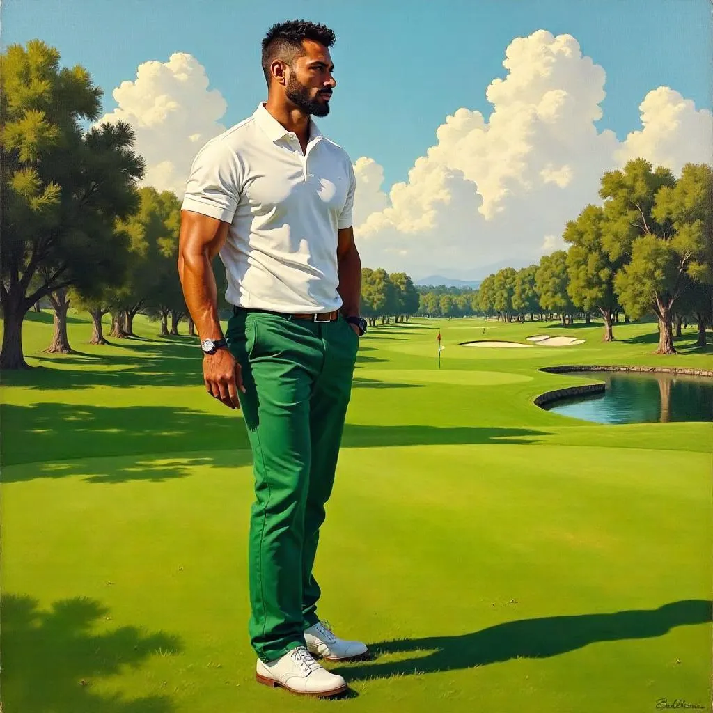 Athletic Latino Golfer in an Oil Painting on the Course