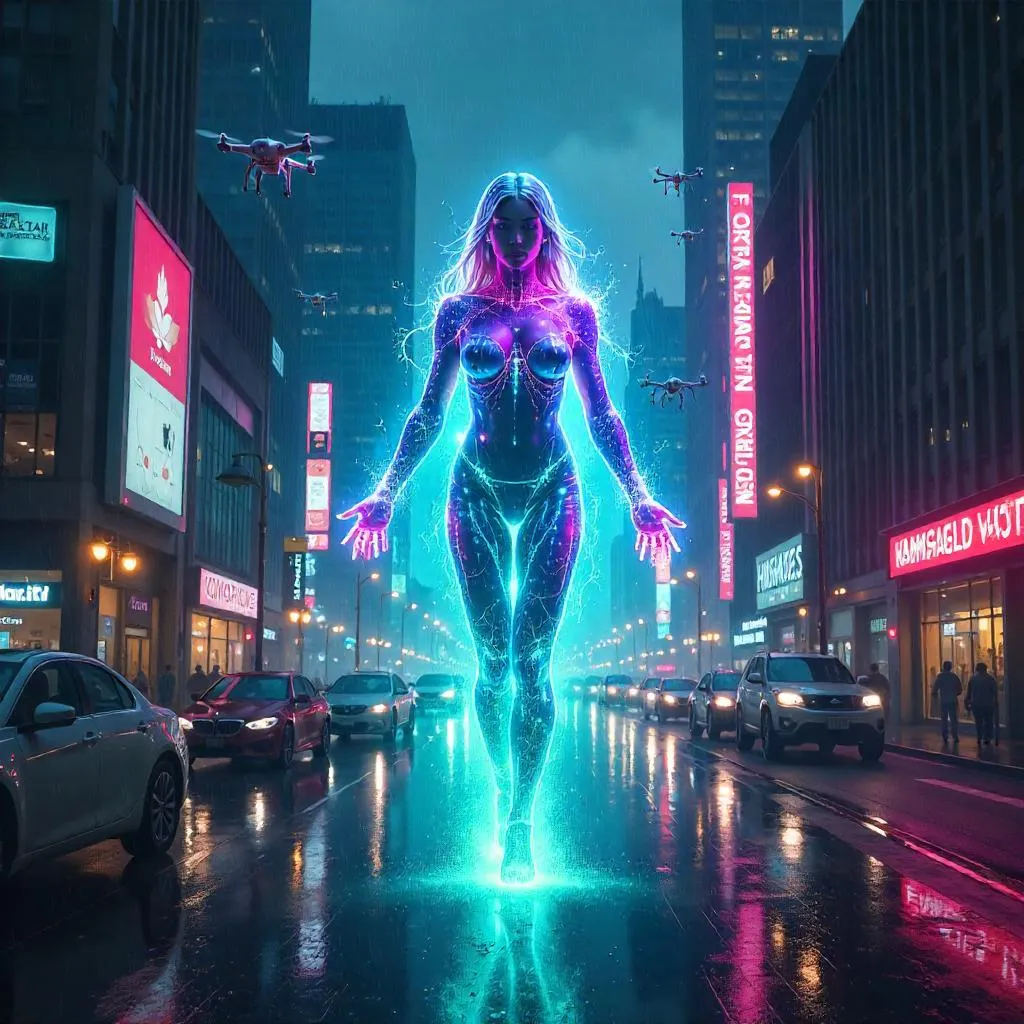 Energy Being in Neon Watercolor Cybercity