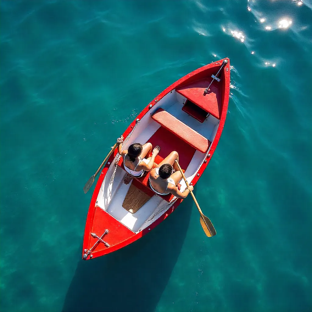 Top-Down View: Two in a Red Boat on Blue Water