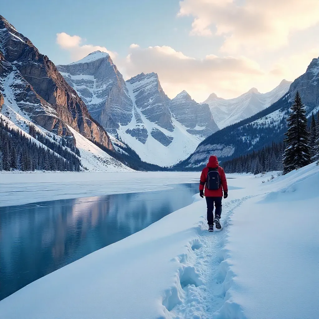 Lone Walker on Snow-Covered Lake Louise