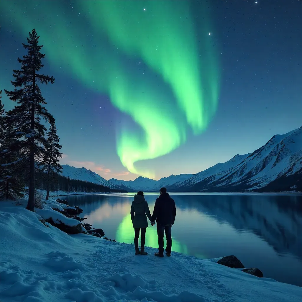 Couple Under the Aurora Borealis