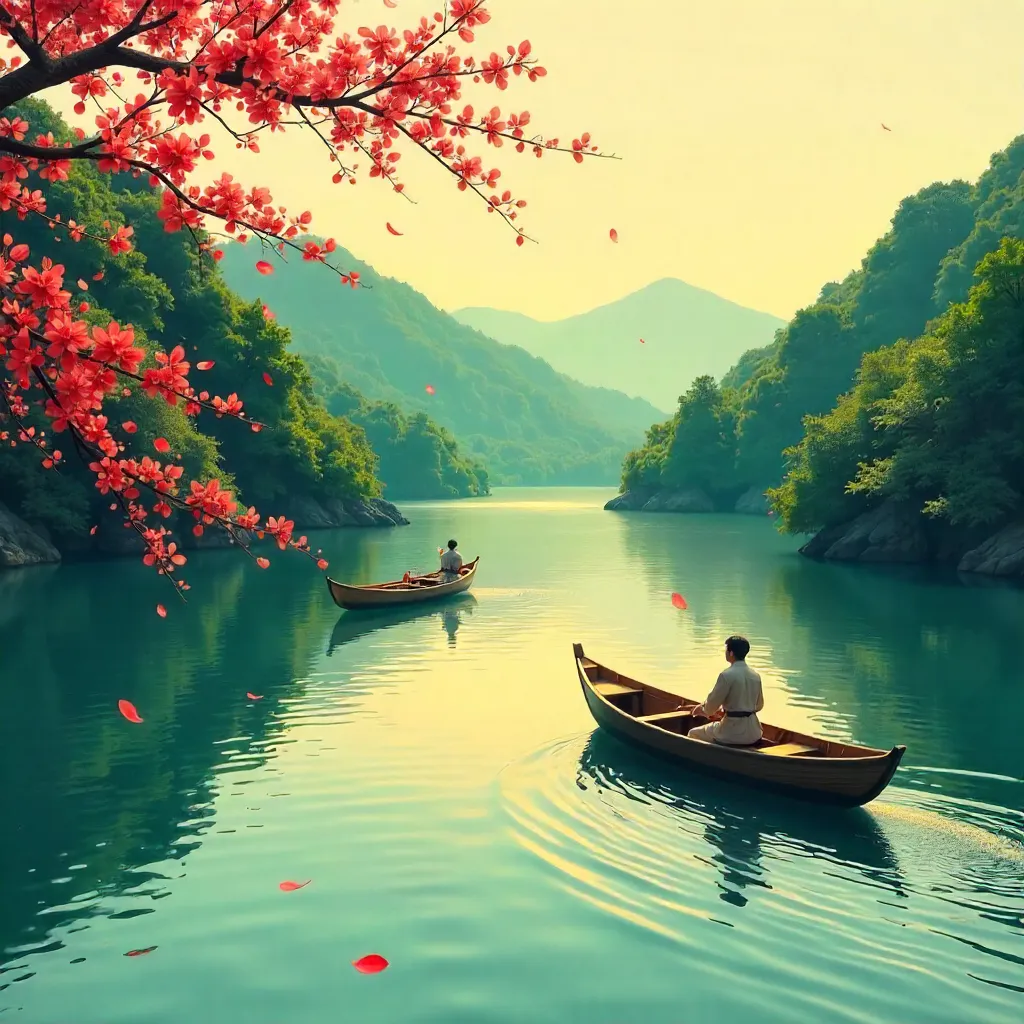 Elegant Wooden Boats on a Tranquil Japanese River