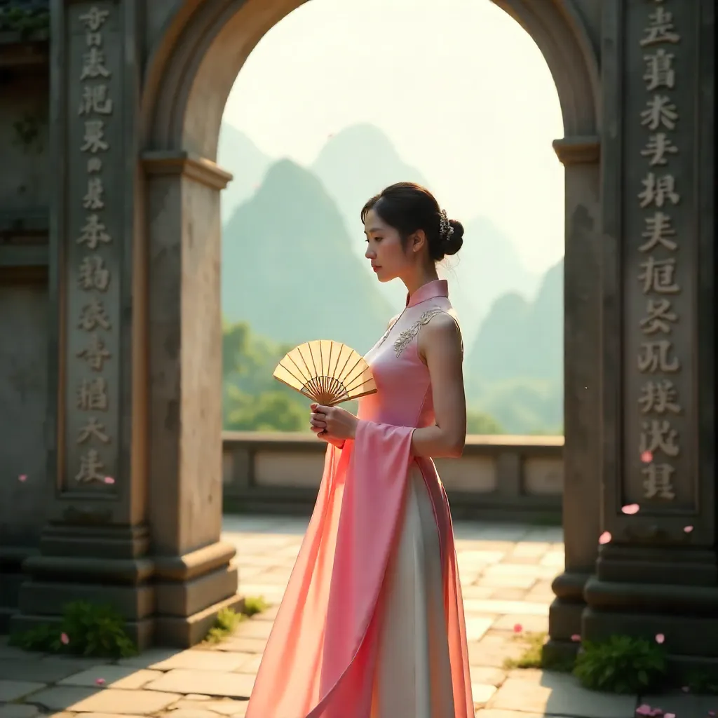 Pink Ao Dai by a Historic Lang Son Gate