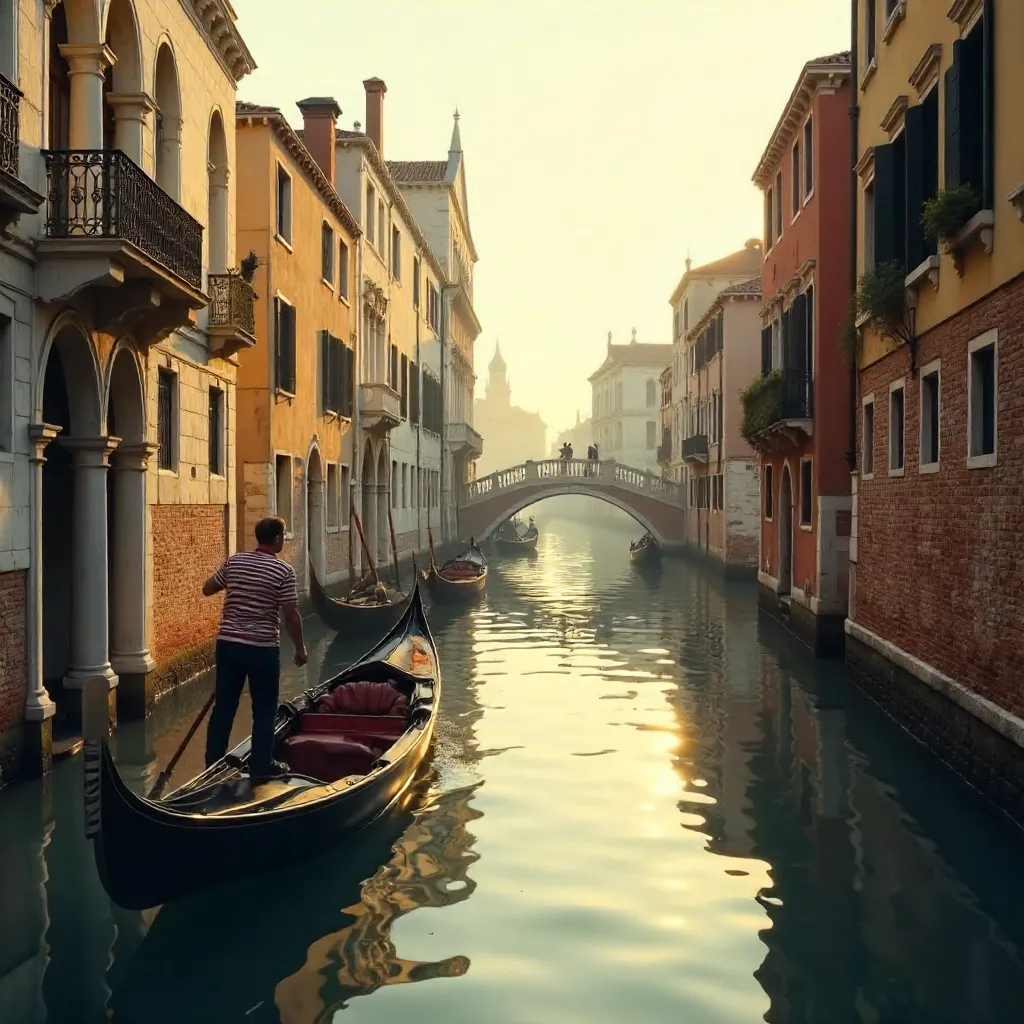 Gondolas along a Venetian canal at golden hour