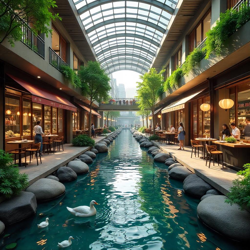 Indoor river weaving through a bustling food court