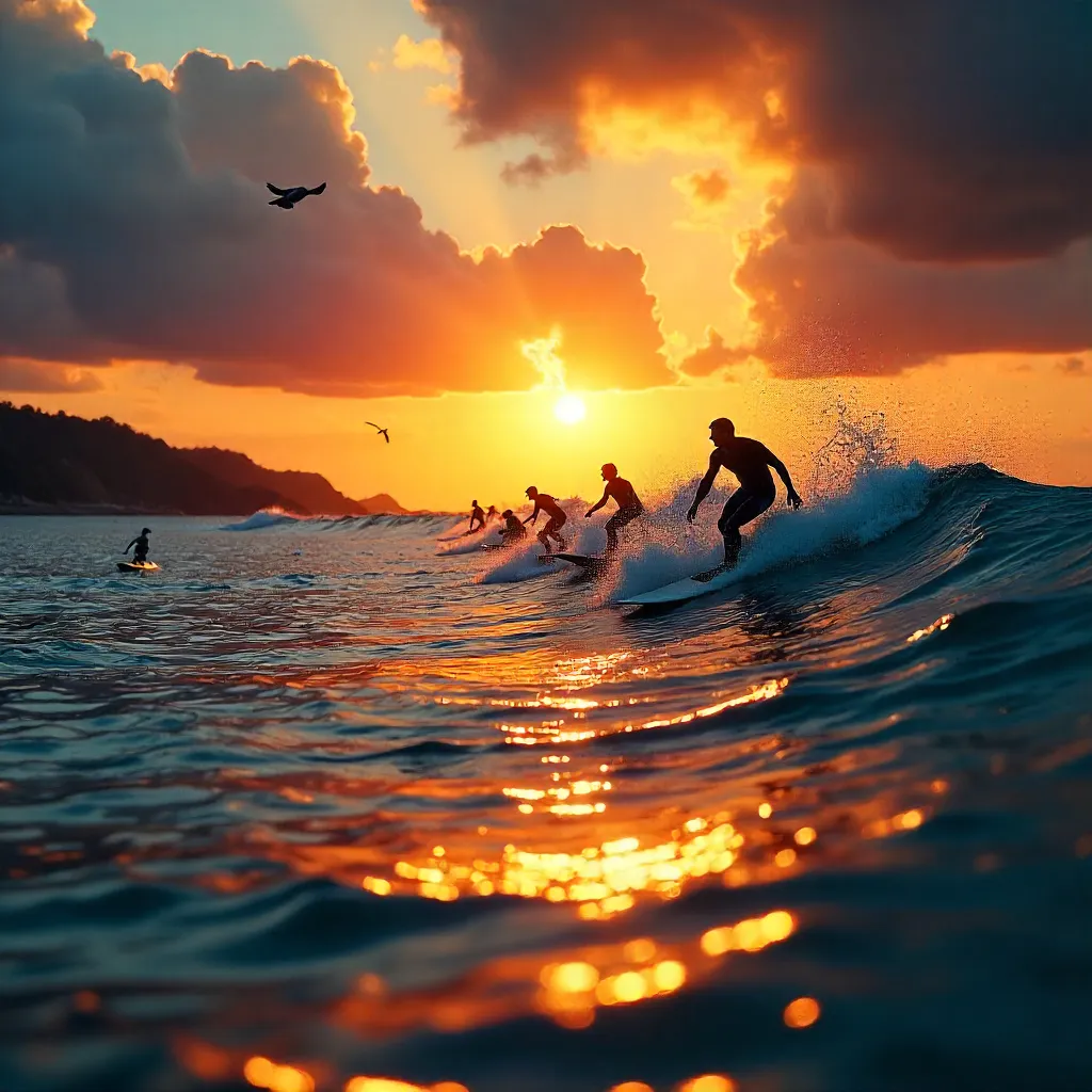 Surfers at Sunset: Golden Hour Ocean Drama