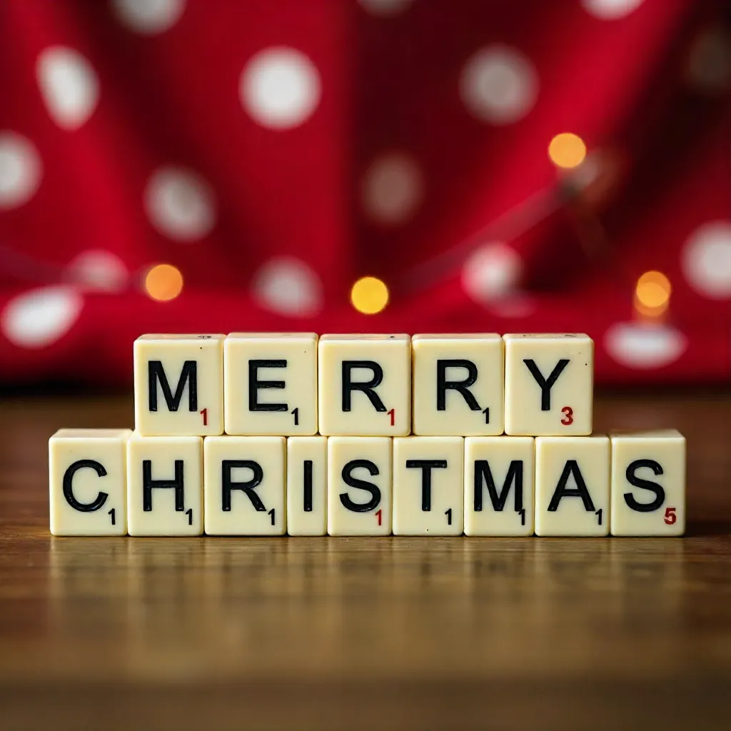 Scrabble Tiles Spell 'Merry Christmas' on Red Polka Dots