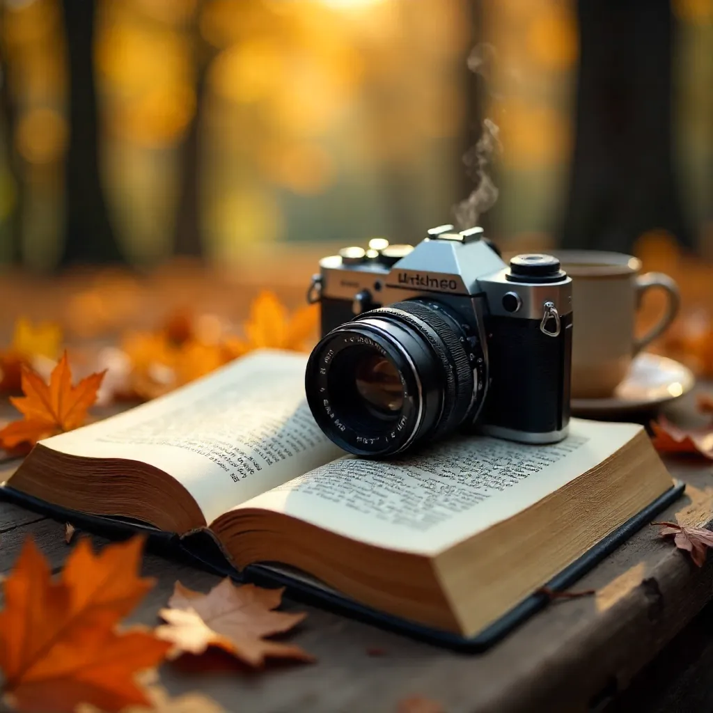 Cozy Fall Reading: Open Book & Camera on Leaves