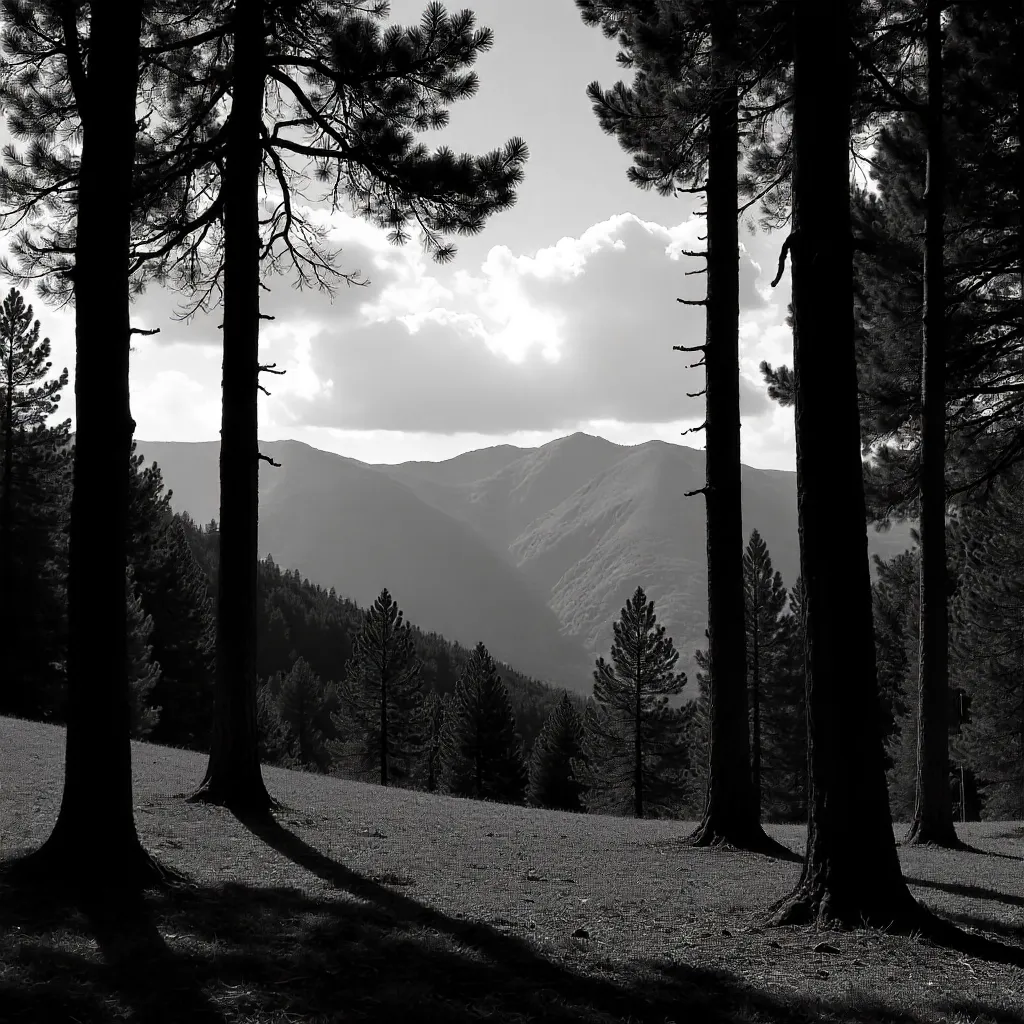 Monochrome Alborz: Mountains Framed by Tall Trees