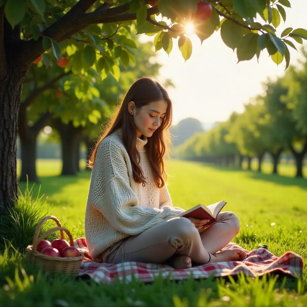 Sunlit Orchard Portrait: Cozy Sweater Under Apple Tree