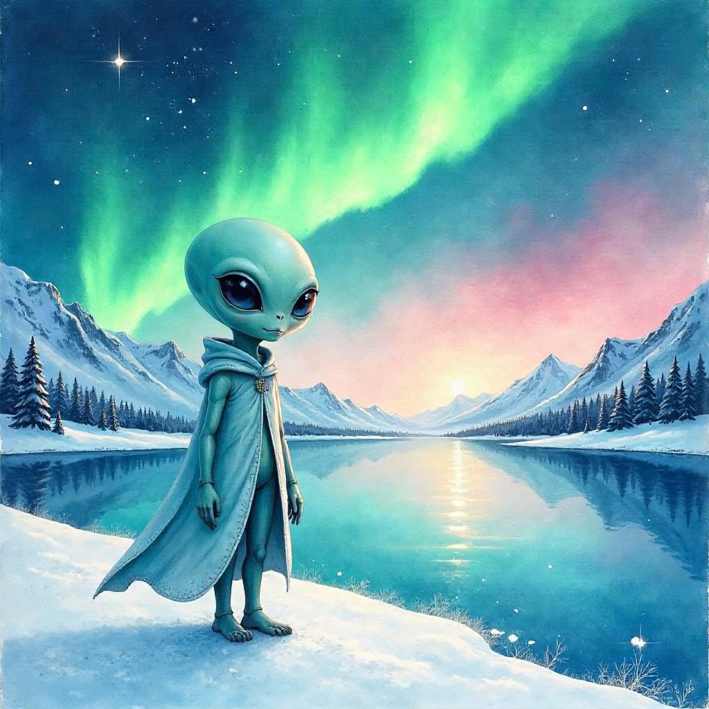 Alien Under Northern Lights in Watercolor
