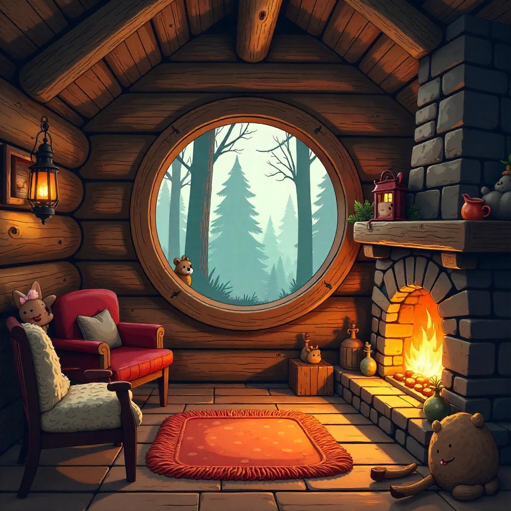 Mist in a Cozy Log Cabin Cartoon Scene